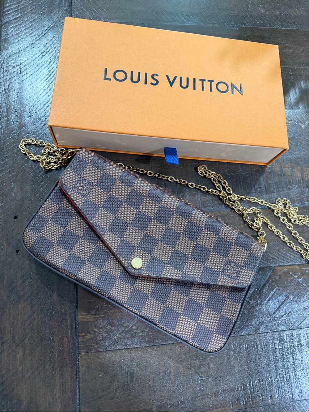 Louis Vuitton Brown Damier Ebene Crossbody Envelope Wallet with Gold Chain
